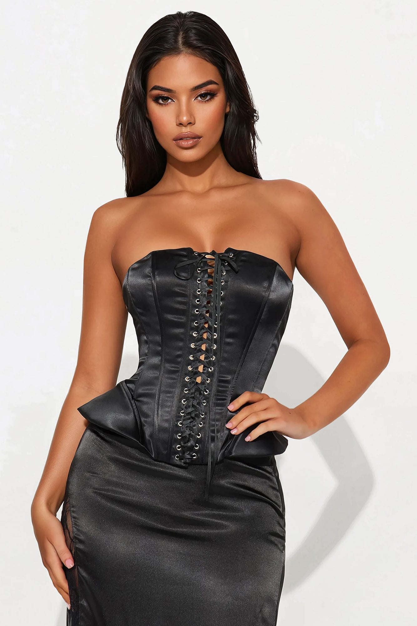 Gleaming Stare Satin Peplum Corset Top - Black Online Deal