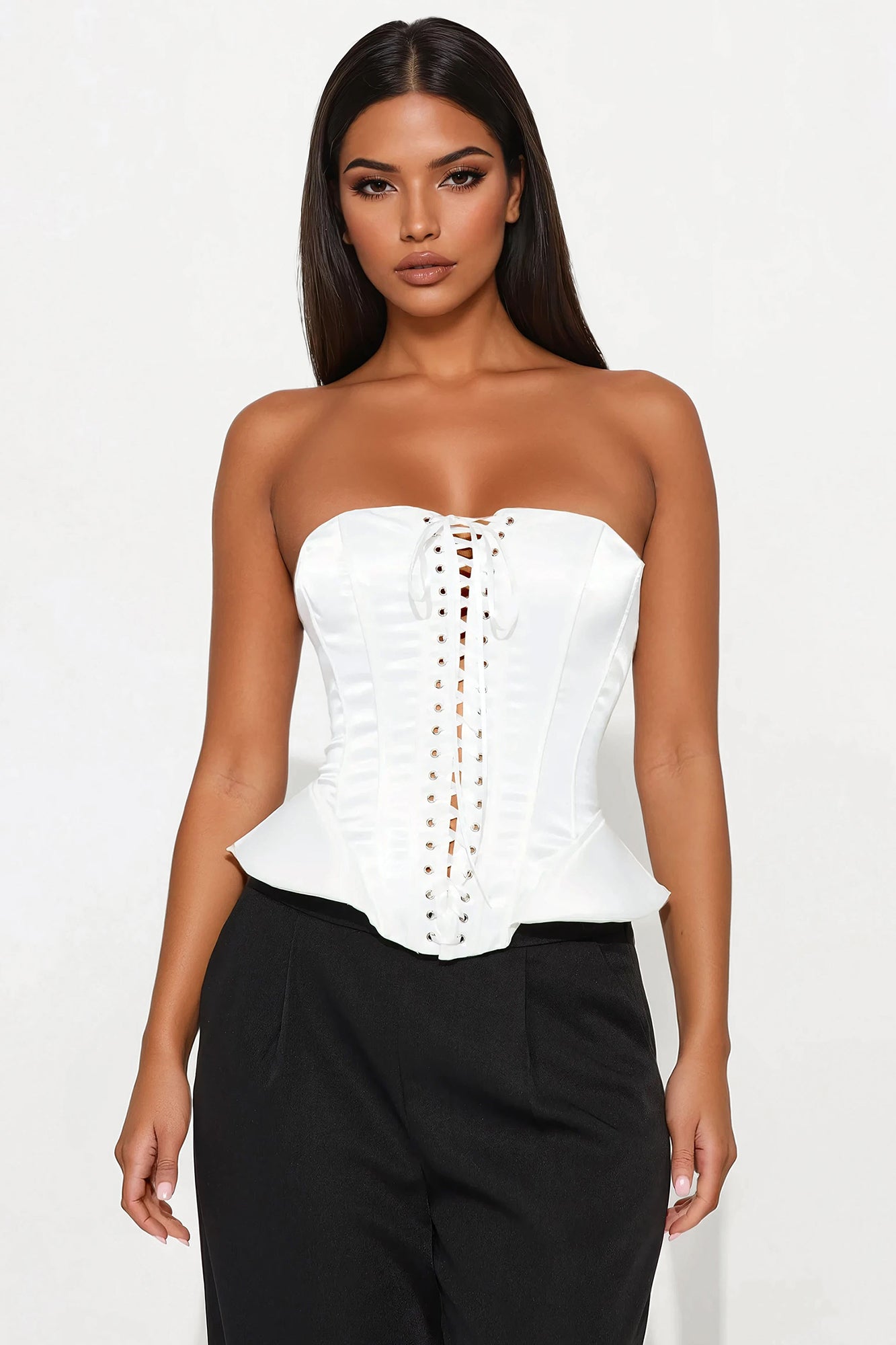 Gleaming Stare Satin Peplum Corset Top - White Cheap